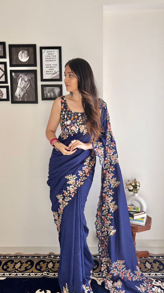 Navy Blue Trendy Georgette Silk Border Multi Thread Embroidered Saree