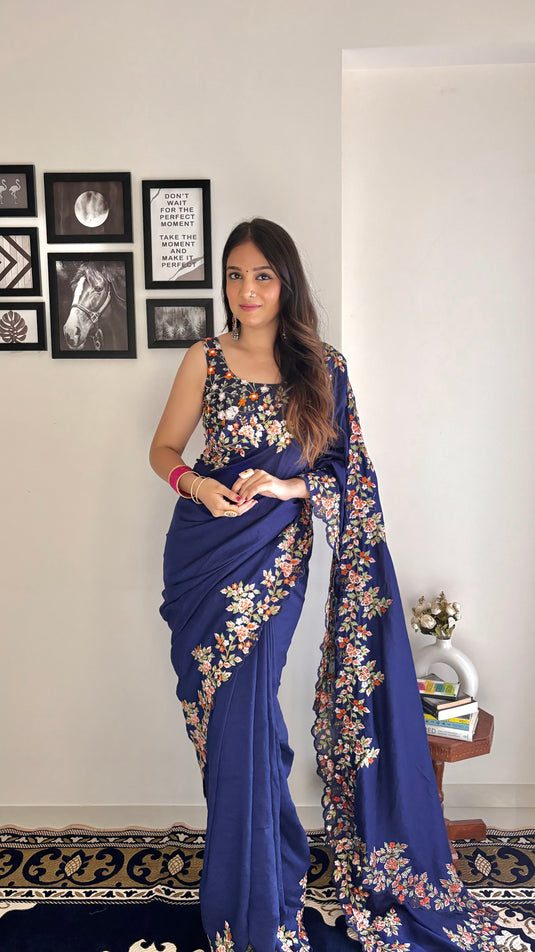 Navy Blue Trendy Georgette Silk Border Multi Thread Embroidered Saree