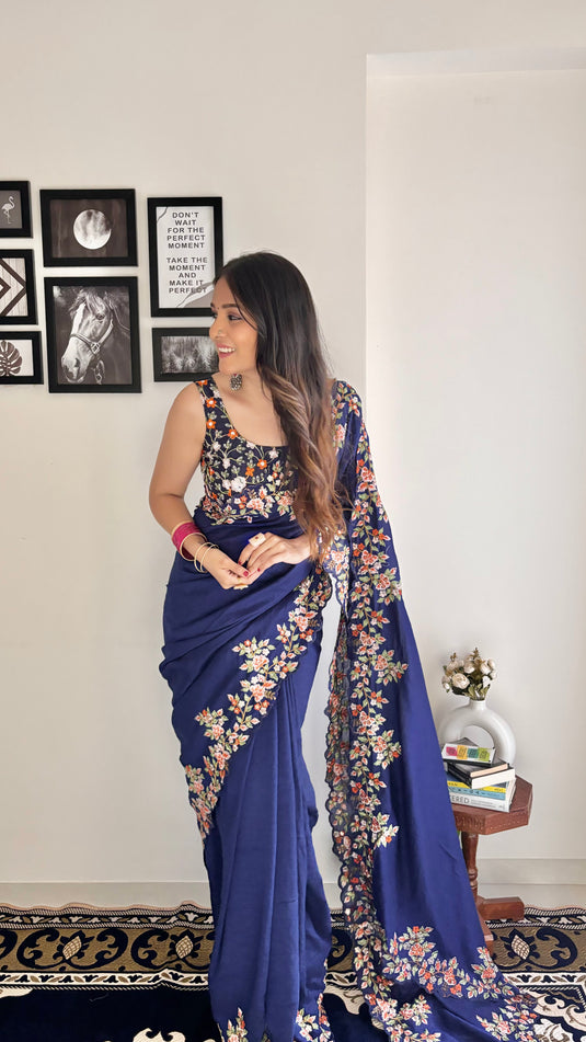 Navy Blue Trendy Georgette Silk Border Multi Thread Embroidered Saree