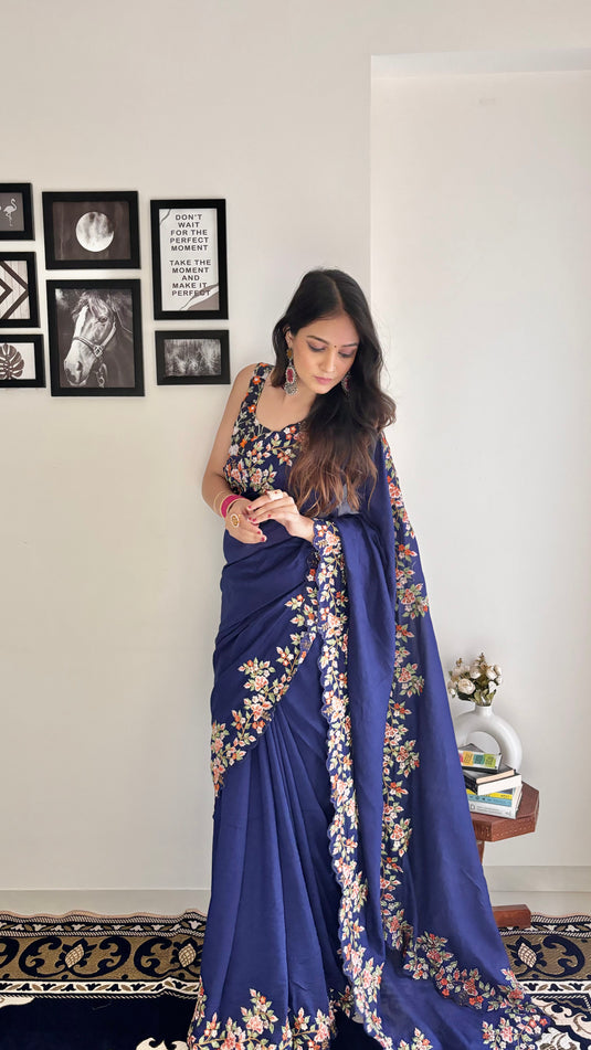 Navy Blue Trendy Georgette Silk Border Multi Thread Embroidered Saree