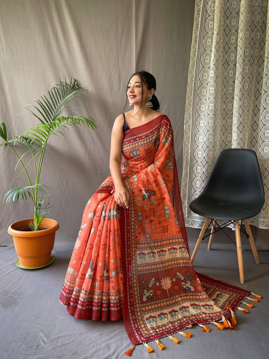 Orange Malai Cotton Kalamkari Print Saree