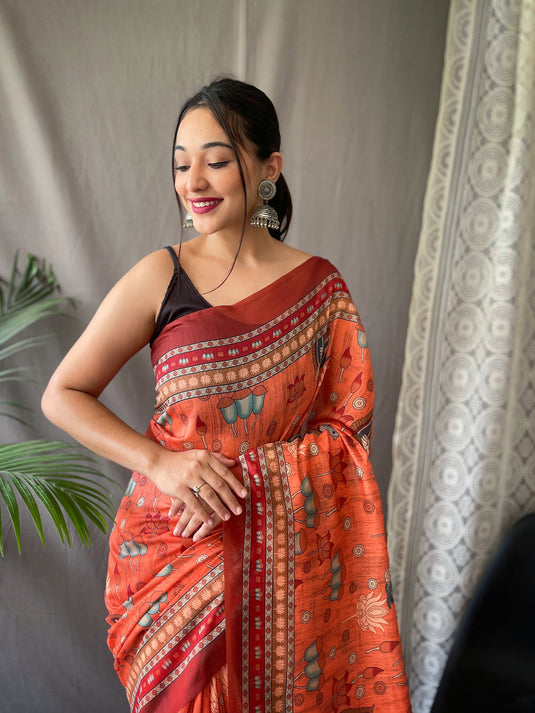 Orange Malai Cotton Kalamkari Print Saree