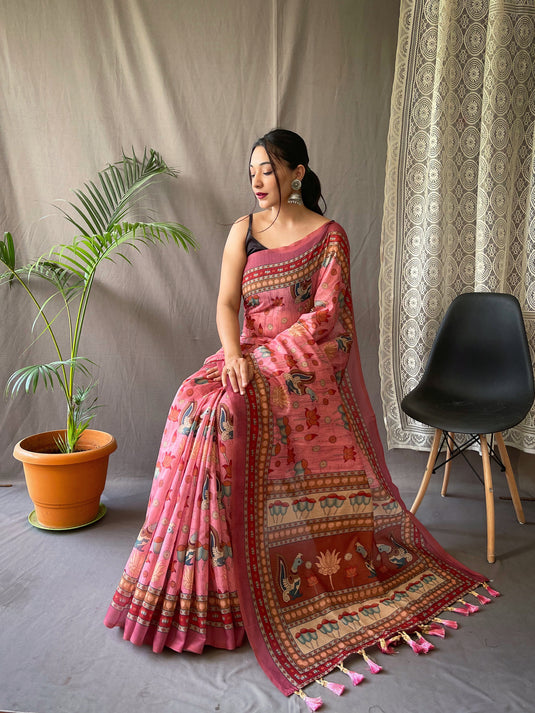 Pink Malai Cotton Kalamkari Print Saree