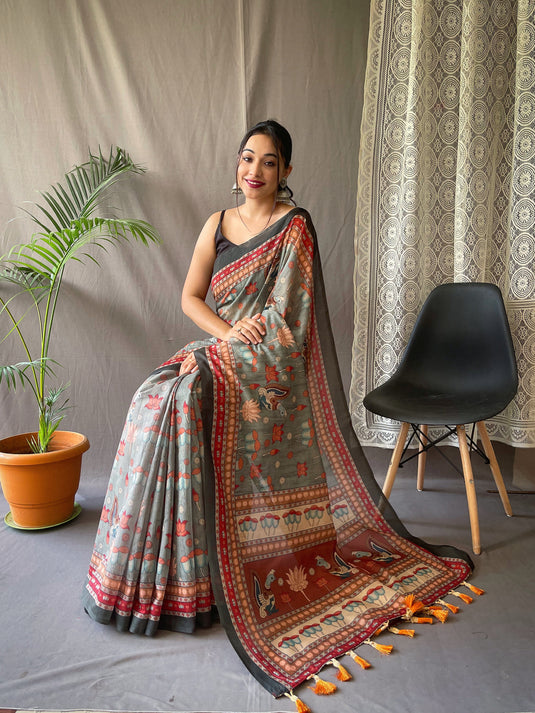 Dark Grey Malai Cotton Kalamkari Print Saree