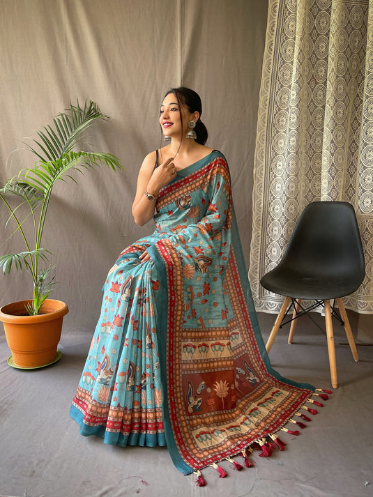 Sky Blue Malai Cotton Kalamkari Print Saree