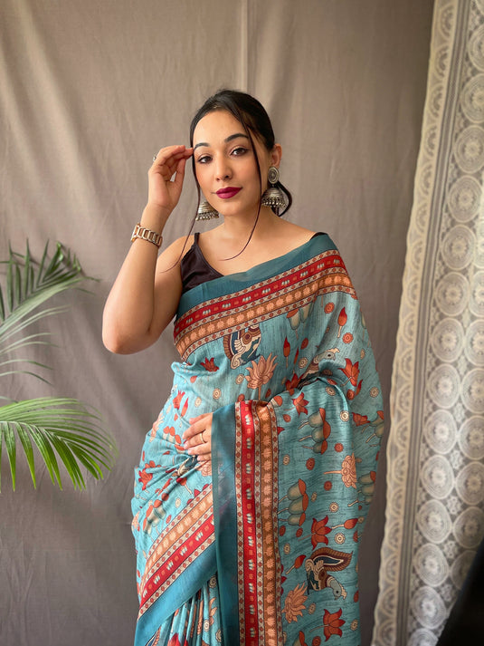 Sky Blue Malai Cotton Kalamkari Print Saree