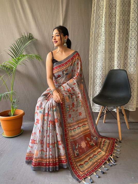 Light Grey Malai Cotton Kalamkari Print Saree