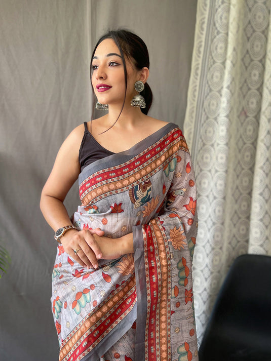 Light Grey Malai Cotton Kalamkari Print Saree