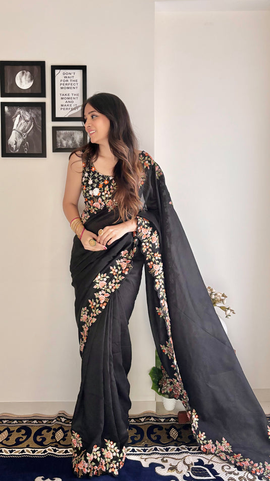 Black Trendy Georgette Silk Border Multi Thread Embroidered Saree