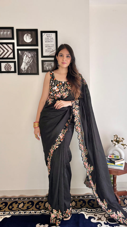 Black Trendy Georgette Silk Border Multi Thread Embroidered Saree