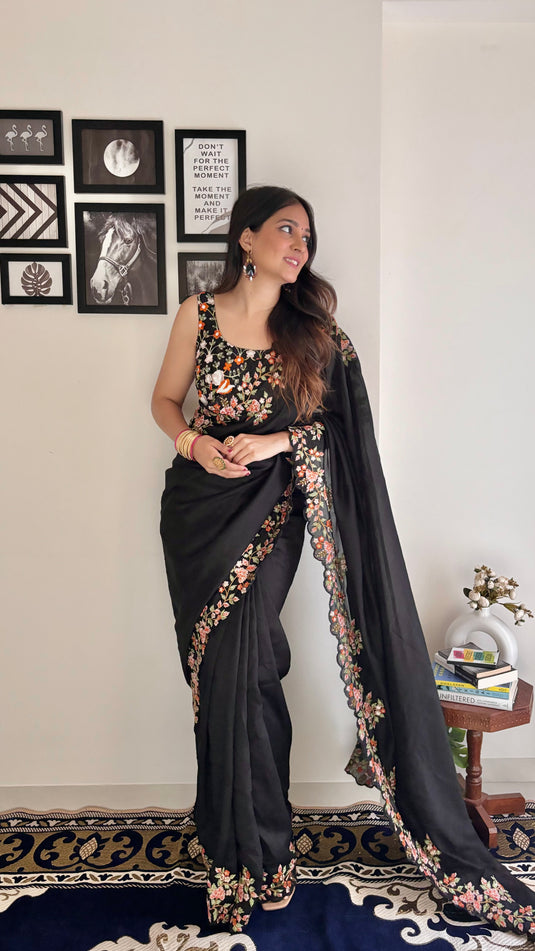 Black Trendy Georgette Silk Border Multi Thread Embroidered Saree