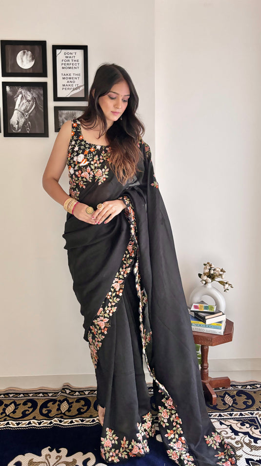 Black Trendy Georgette Silk Border Multi Thread Embroidered Saree