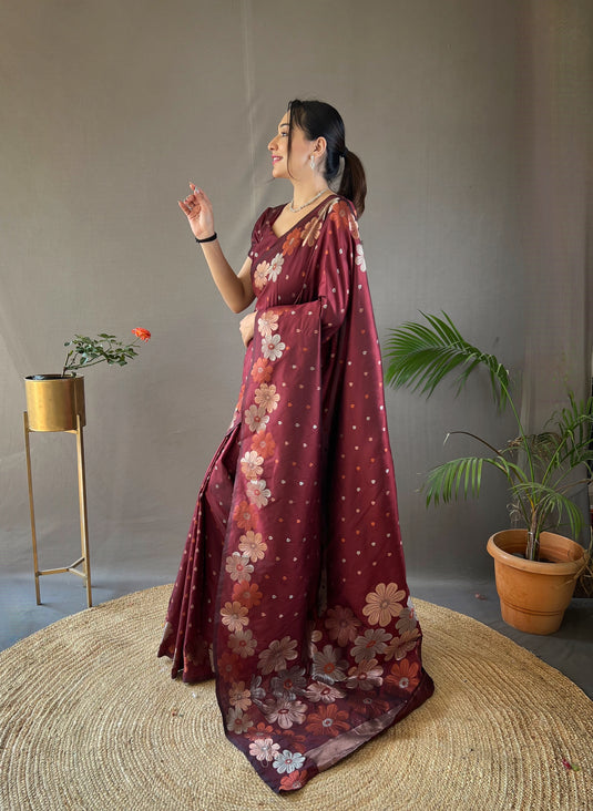 Maroon classic soft silk copper and gold floral weaving saree