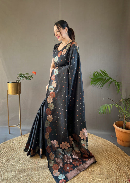 Black classic soft silk copper and gold floral weaving saree