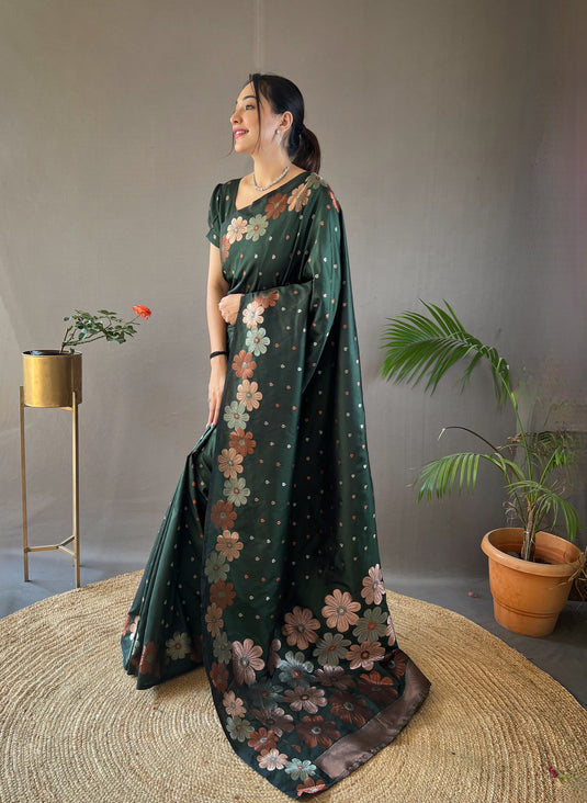 Bottle Green classic soft silk copper and gold floral weaving saree