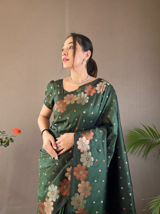 Bottle Green classic soft silk copper and gold floral weaving saree