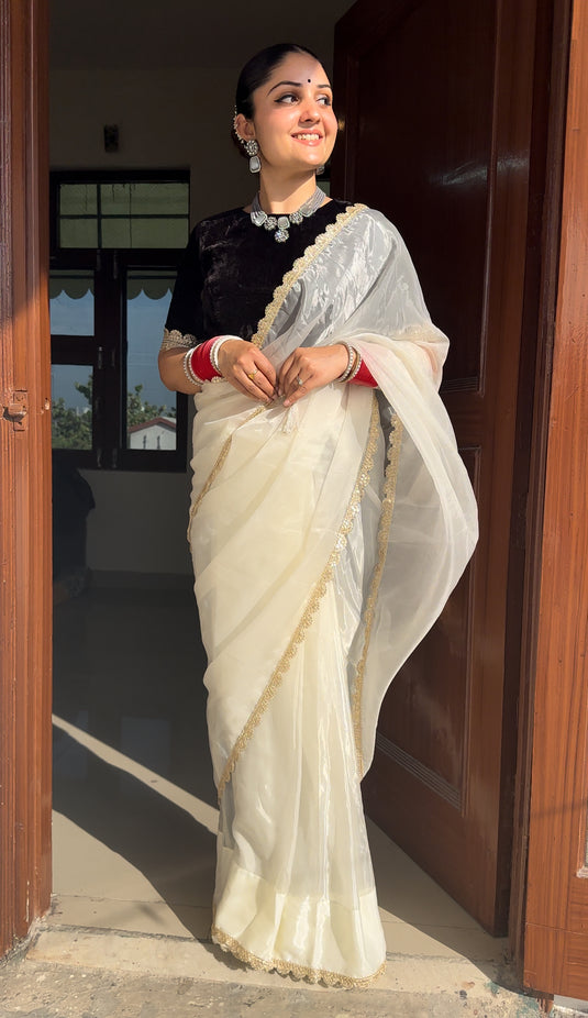 White Classic Tissue Silk Sequence Work Border Saree