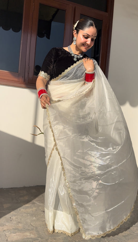 White Classic Tissue Silk Sequence Work Border Saree