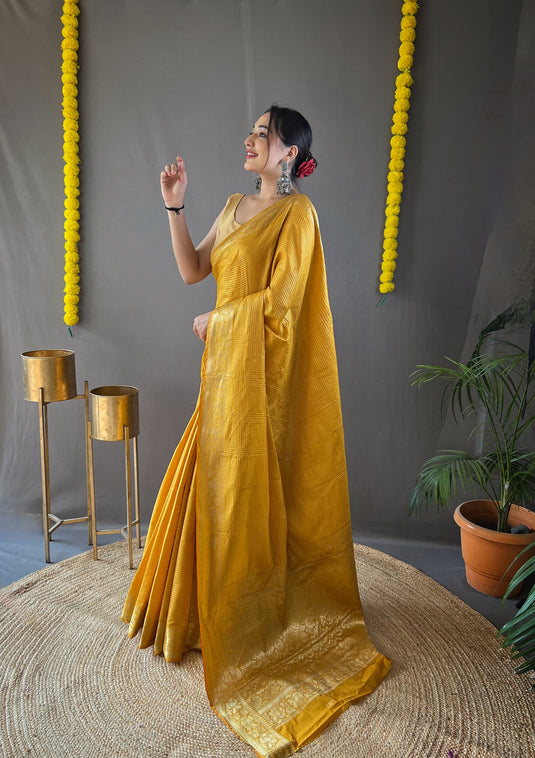 Yellow Classic Soft Silk Copper Weaving Saree