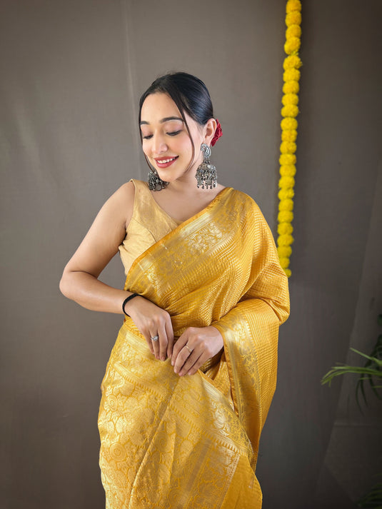 Yellow Classic Soft Silk Copper Weaving Saree