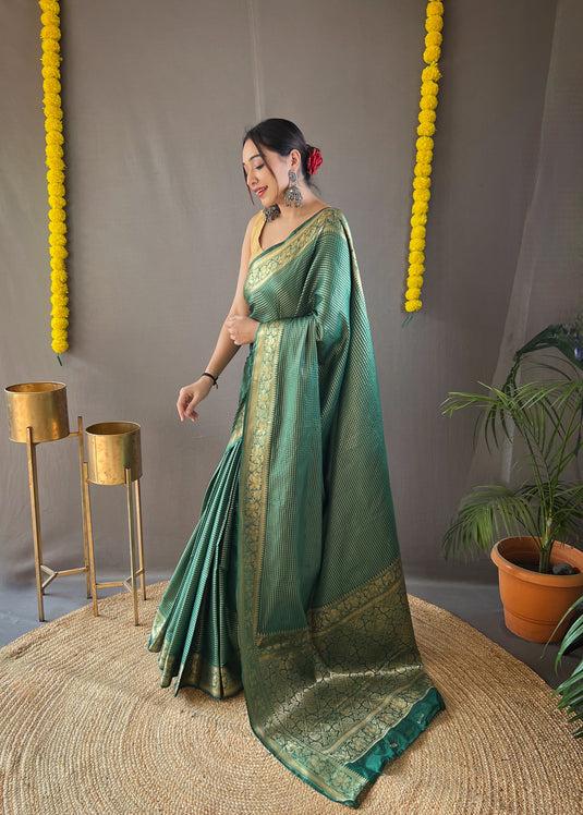 Bottle Green Classic Soft Silk Copper Weaving Saree