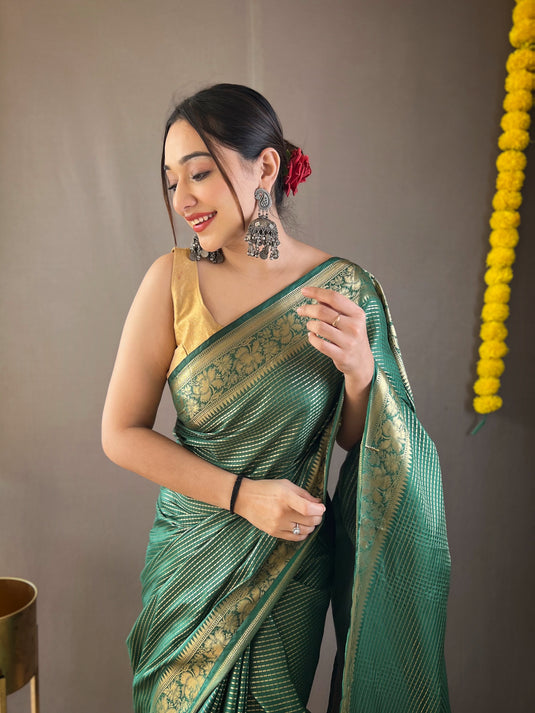 Bottle Green Classic Soft Silk Copper Weaving Saree