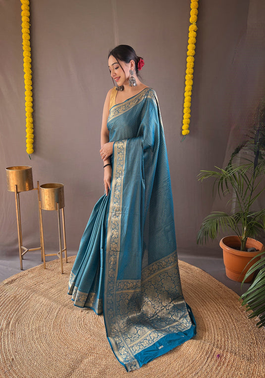 Teal Blue Classic Soft Silk Copper Weaving Saree