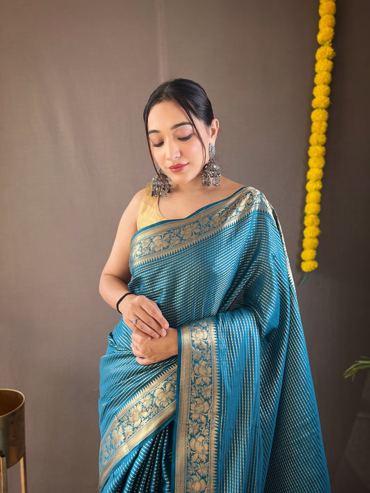 Teal Blue Classic Soft Silk Copper Weaving Saree