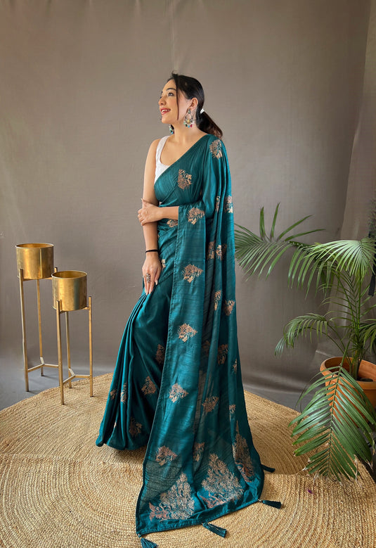 Teal Blue Silk Zari Based Embroidered Saree