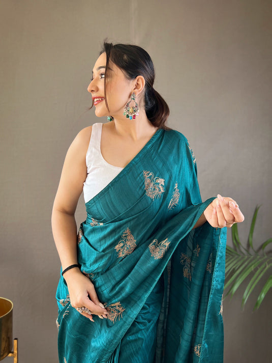 Teal Blue Silk Zari Based Embroidered Saree