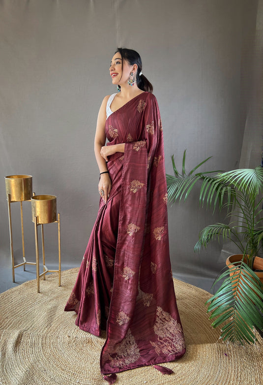 Dark Maroon Silk Zari Based Embroidered Saree