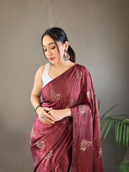 Dark Maroon Silk Zari Based Embroidered Saree