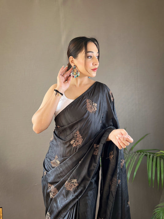 Black Silk Zari Based Embroidered Saree