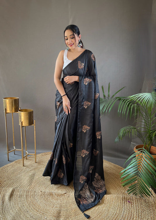 Black Silk Zari Based Embroidered Saree