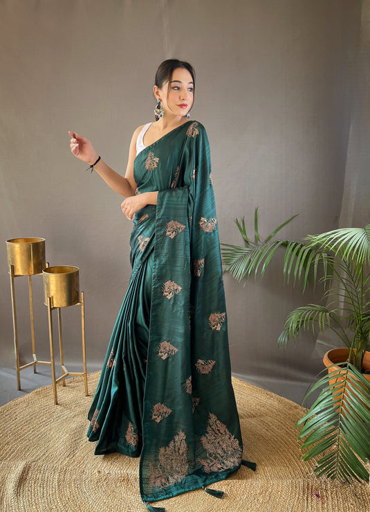 Bottle Green Silk Zari Based Embroidered Saree