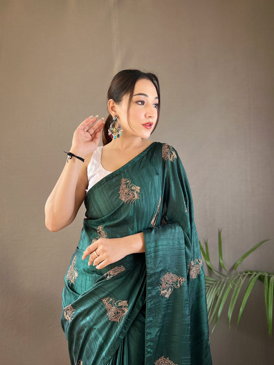 Bottle Green Silk Zari Based Embroidered Saree