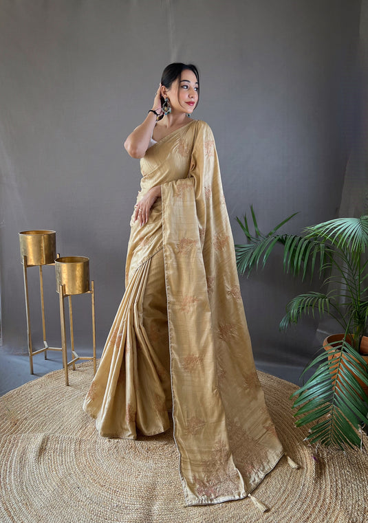 Beige Silk Zari Based Embroidered Saree