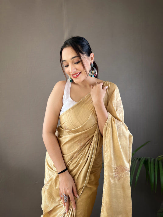 Beige Silk Zari Based Embroidered Saree