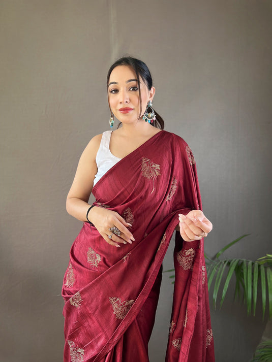 Maroon Silk Zari Based Embroidered Saree