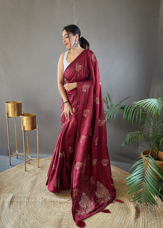 Maroon Silk Zari Based Embroidered Saree