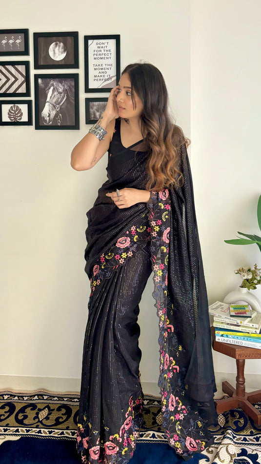 Black Latest Heavy Georgette Sequence Embroidered Work Saree