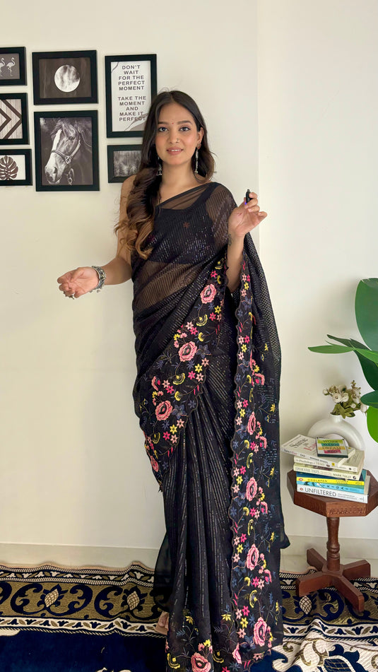 Black Latest Heavy Georgette Sequence Embroidered Work Saree