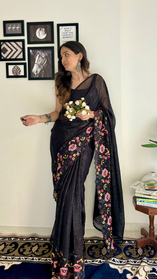 Black Latest Heavy Georgette Sequence Embroidered Work Saree