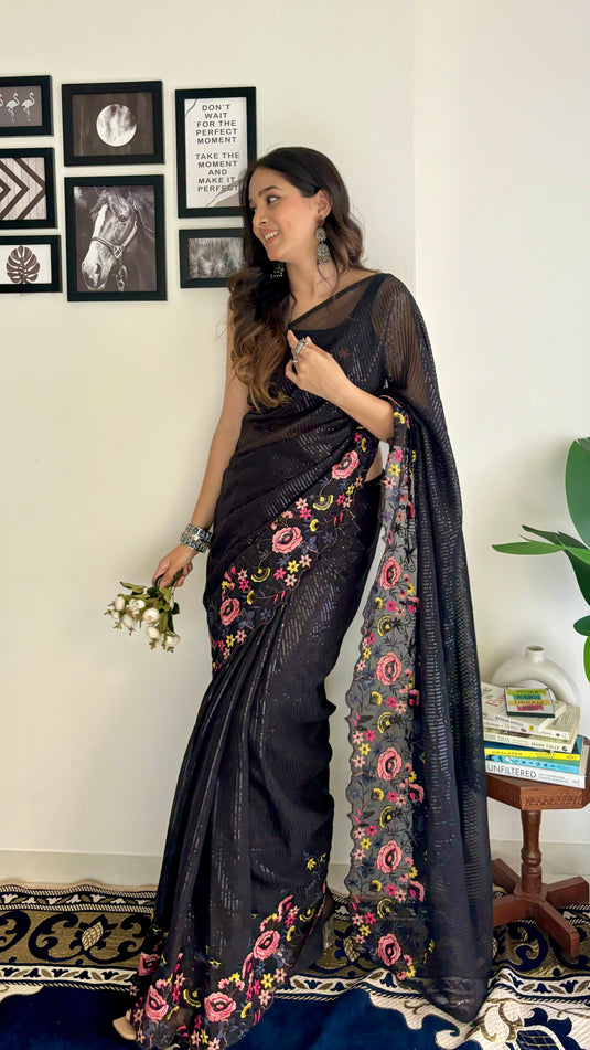 Black Latest Heavy Georgette Sequence Embroidered Work Saree