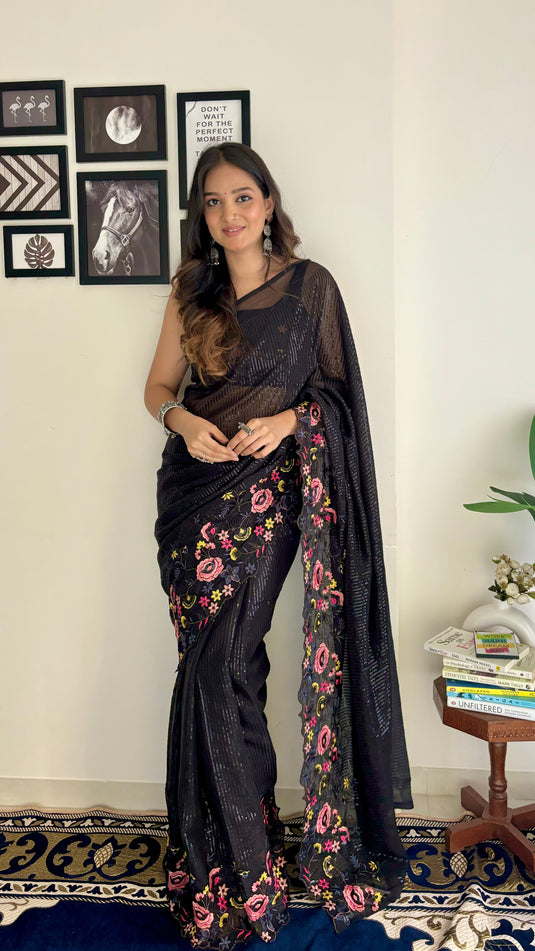 Black Latest Heavy Georgette Sequence Embroidered Work Saree