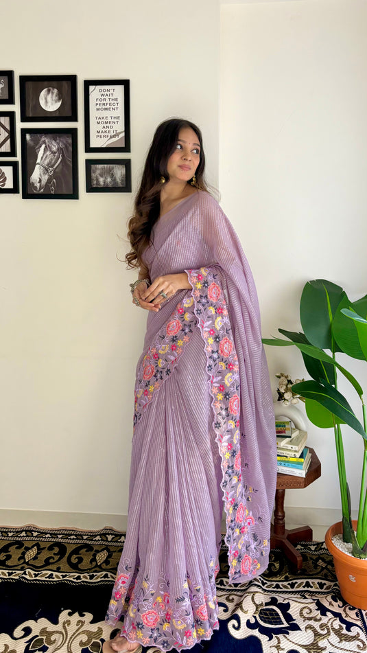 Lavender Latest Heavy Georgette Sequence Embroidered Work Saree