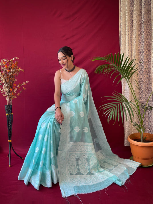 Sky Blue Pure Linen Lucknowi Weaving Saree