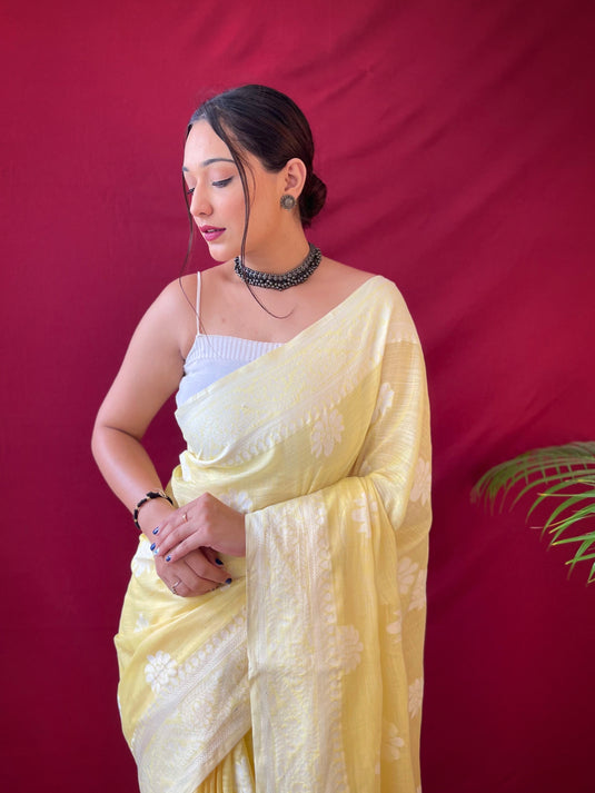 Yellow Pure Linen Lucknowi Weaving Saree