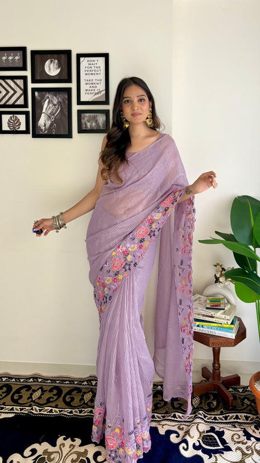 Lavender Latest Heavy Georgette Sequence Embroidered Work Saree