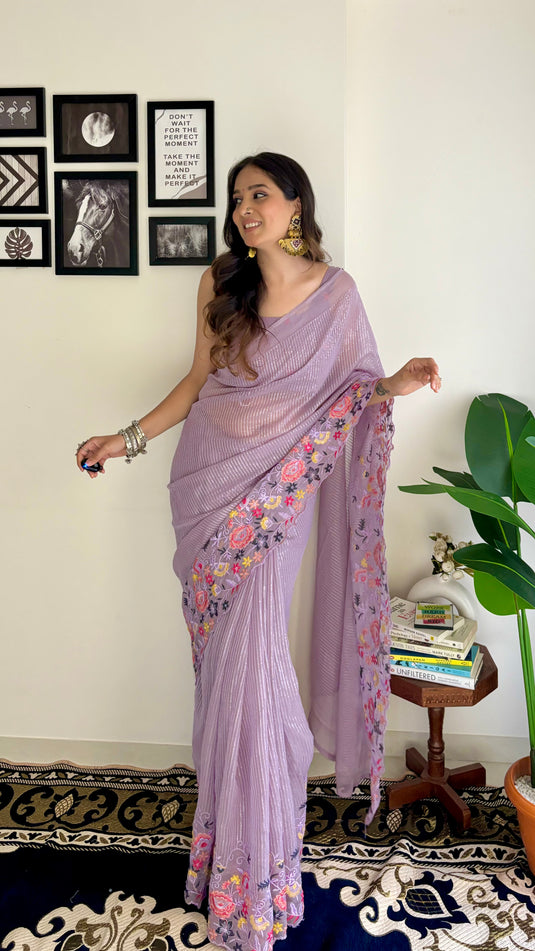 Lavender Latest Heavy Georgette Sequence Embroidered Work Saree